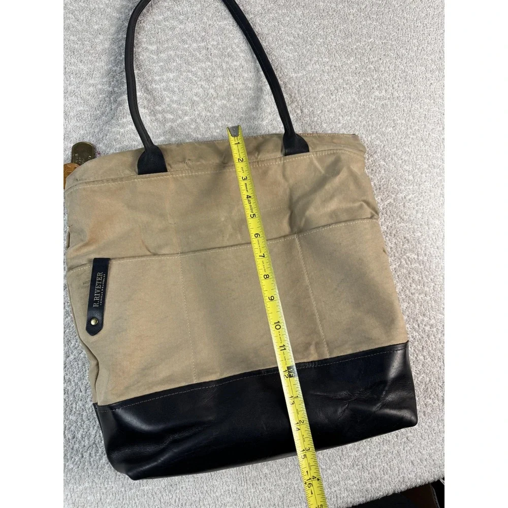 R. Riveter Tote Bag Womens‎ Tan Black Canvas Leather American Handmade Zip Top